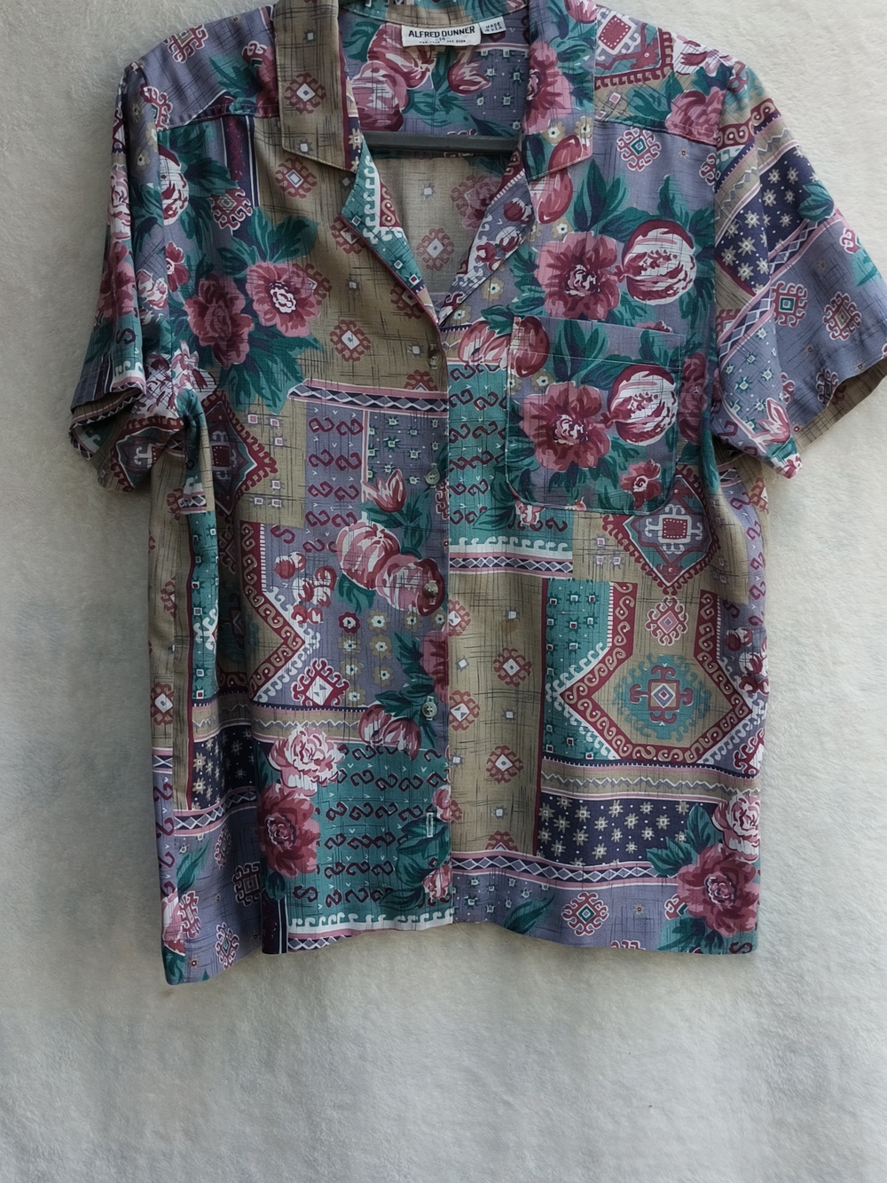 Alfred Dunner Teal and Mauve Patchwork Floral Button-Down Shirt. WS 95 - Picture 2 of 4